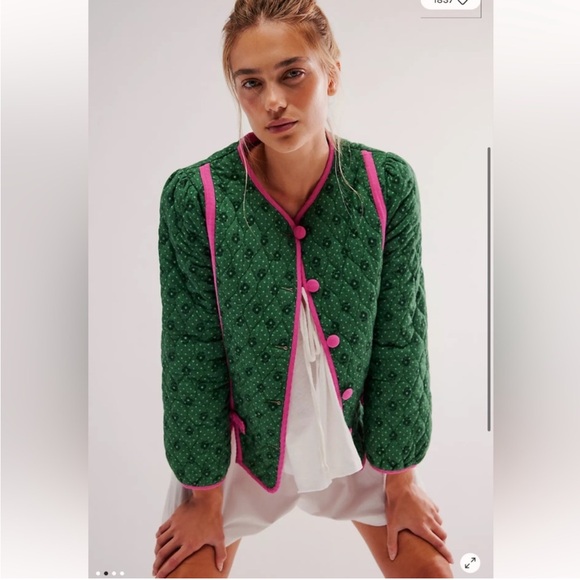 Damson Madder Diana green and pink quilted bow jacket - Picture 2 of 11